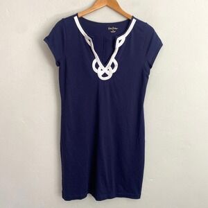 Lilly Pulitzer Brewster Mini Dress Small Navy Blue Jersey Short Sleeve Flaw